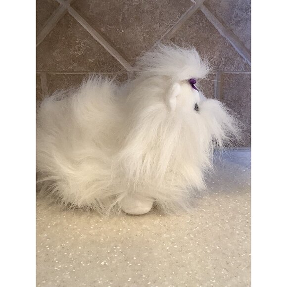 AURORA Plush White Long Haired Dog With Purple Bow Maltese Stuffed Animal Toy - Picture 3 of 9